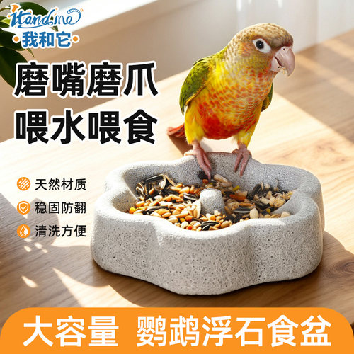 鹦鹉食盒火山石喂食器小鸟食盘浮石磨爪磨嘴饮水器防溅食盆防打翻