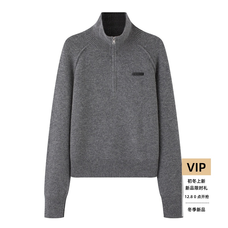 新款半拉链立领长袖针织衫女