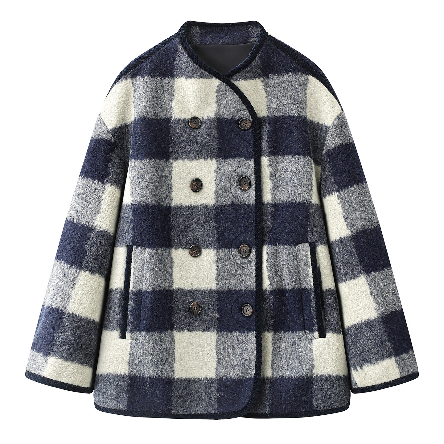 复古包边设计格纹大衣女