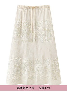 D家2026春系带镂空蕾丝花边刺绣A字白色半身裙子中长裙2K1SB51