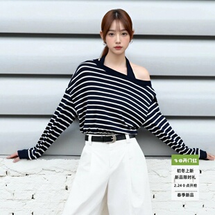 ariosea艾诺丝娃2026春官方旗舰店露肩两件套条纹针织衫BR801201