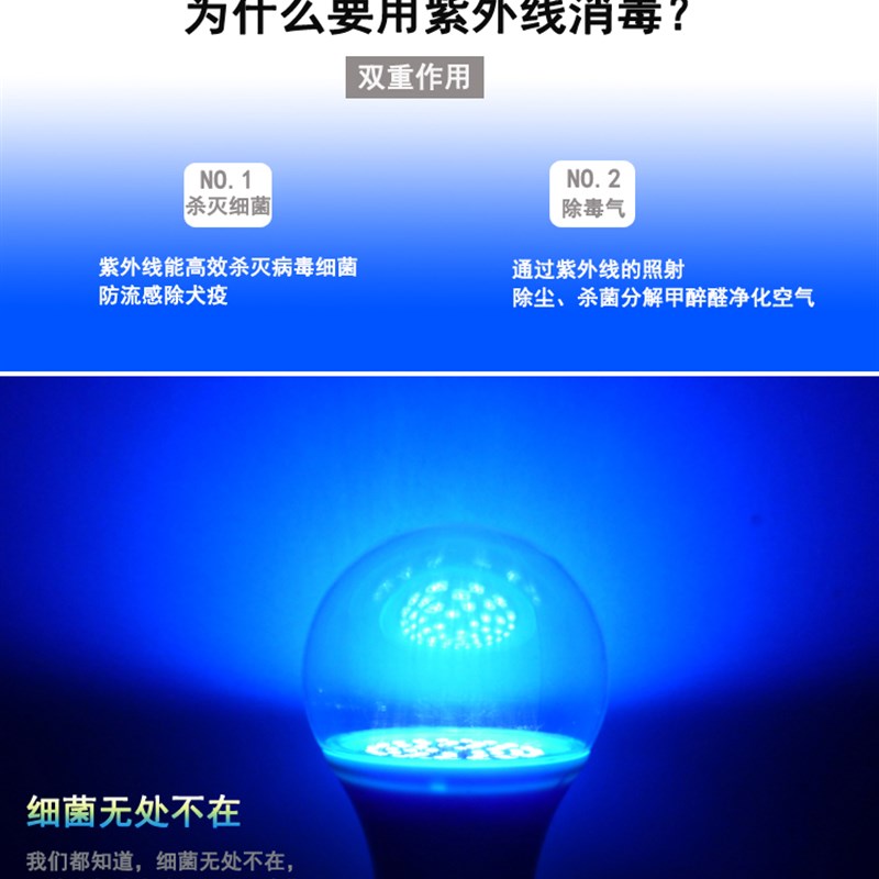 家用紫外线灯消毒灯杀菌灯幼儿园房间杀菌无臭氧UV灯泡led紫光灯
