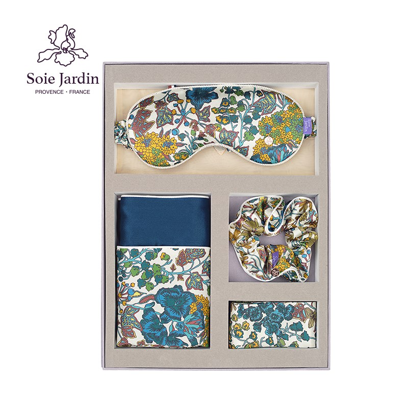 soie jardin25新春真丝印花枕套眼罩发圈丝巾组合礼盒礼袋