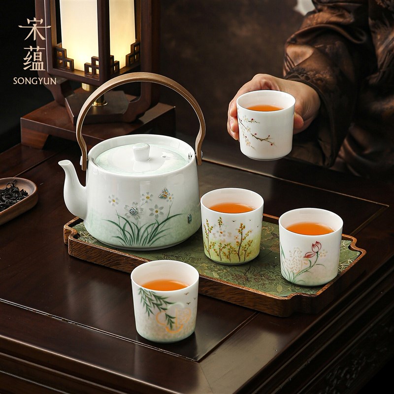 宋蕴手绘玲珑一壶四杯茶具高档锔钉白瓷茶壶茶杯送妈妈闺蜜礼物