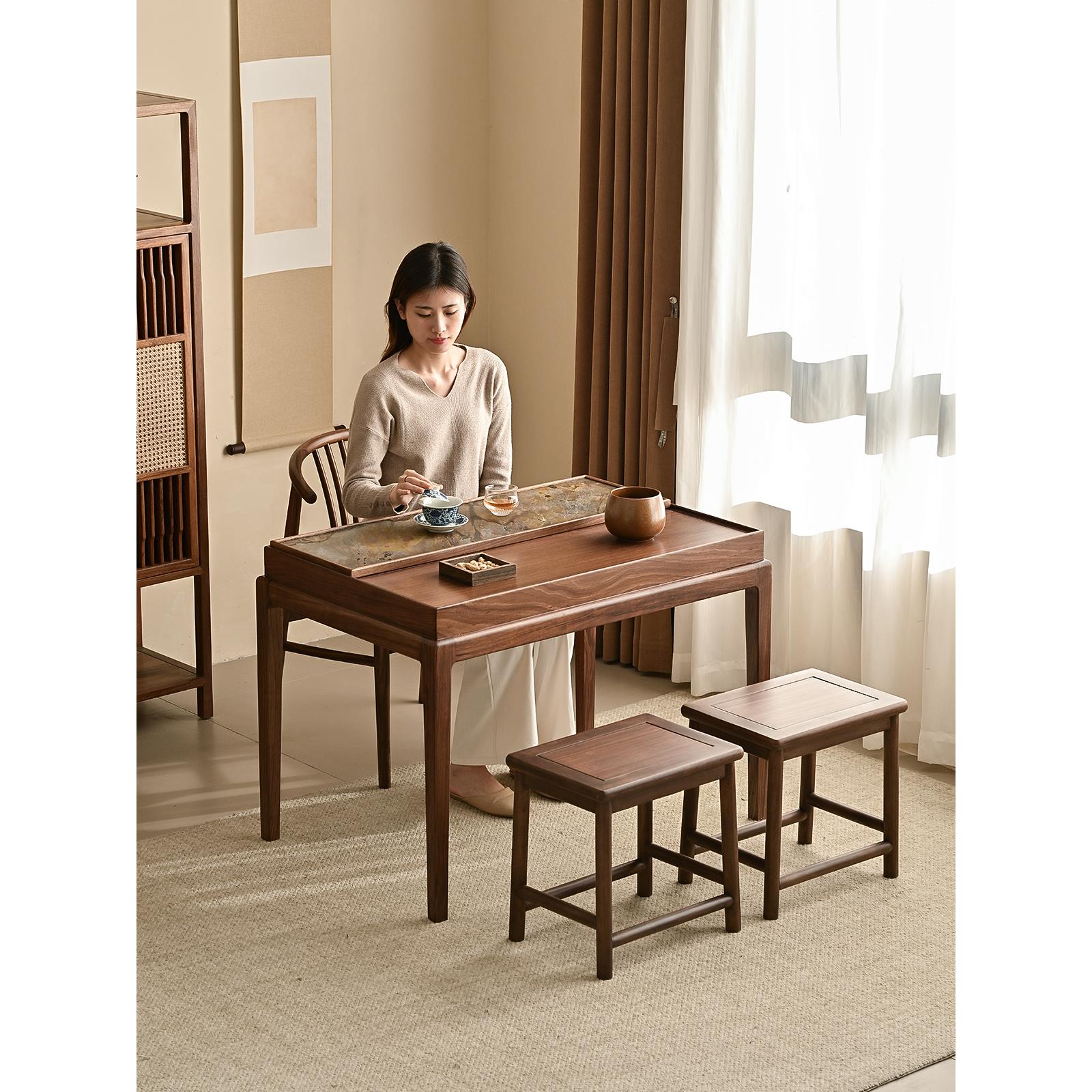 阳台小型茶桌组合新中式黑胡桃色实木现代家用休闲禅意长方形茶台