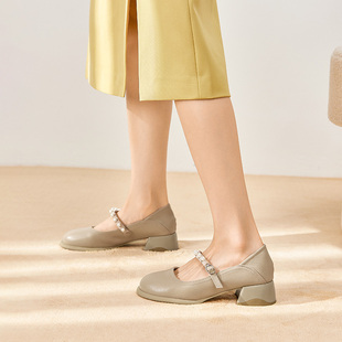 韩版 大东浅口单鞋 新款 2728 2024春季 圆头珍珠套脚中跟粗跟女鞋