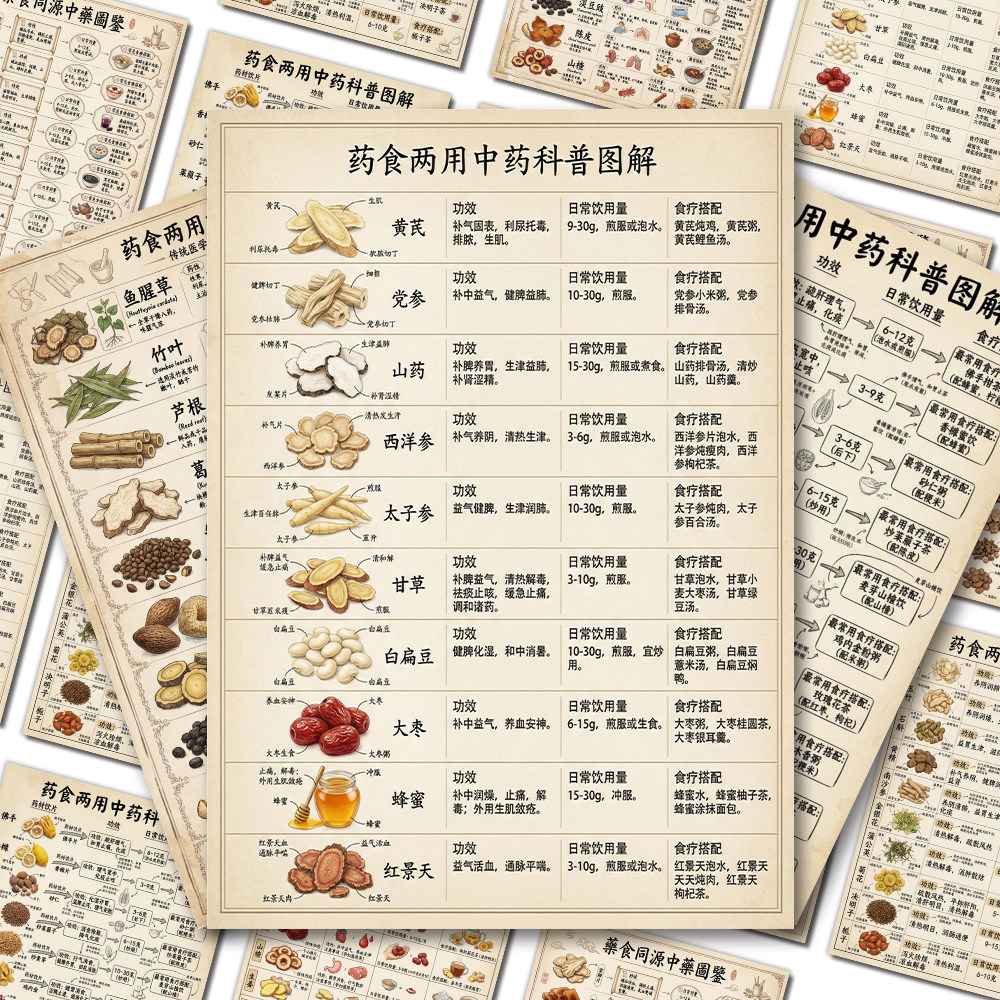 药食两用中药科普图解中药养生药食同源古法今传中草药食疗贴纸