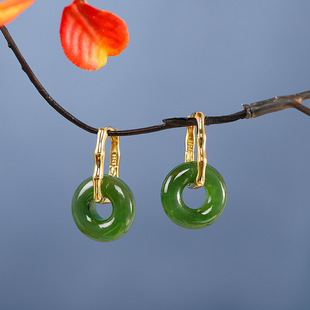 s925银镶和田碧玉耳坠竹节面包圈气质女耳环时尚简约耳饰耳圈两用