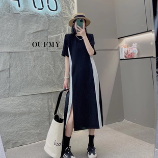 夏季时尚休闲宽松遮肚长裙子2025夏季新款微胖mm显瘦撞色连衣裙女