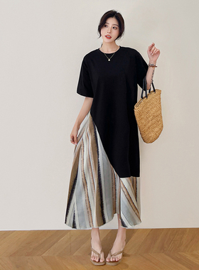 长款大码拼醋酸缎显瘦法式高级感品质不规则裙摆夏2025短袖连衣裙