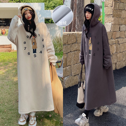 加绒加厚长款连帽卫衣裙女秋冬季宽松大码过膝长袖印花连衣裙子