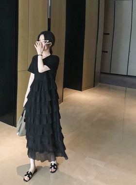 大码女装连衣裙胖mm春夏新款时尚显瘦遮肉黑色蛋糕修型长款裙子女