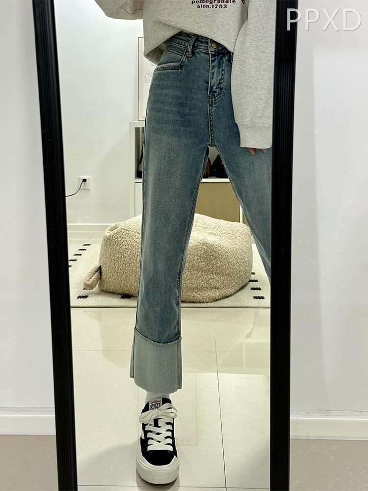 卷边直筒牛仔裤女2023春季新款胖妹妹mm高腰弹力显瘦九分烟管裤子