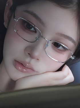 日系银色方框平光眼镜女高智姐时髦装饰金属眼镜架小脸防蓝光近视