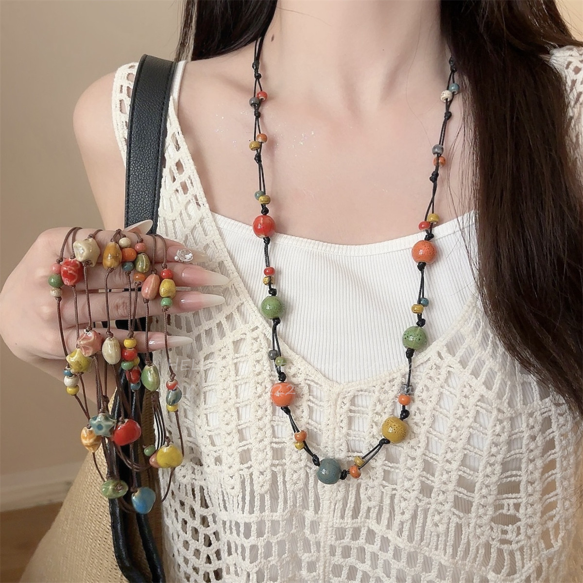 彩色长款陶瓷毛衣链女多巴胺穿搭双层叠戴项链海边配裙子装饰配饰
