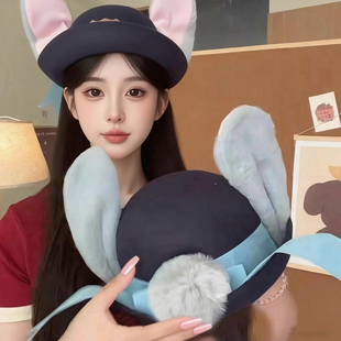 朱迪兔子警官cos卡通帽子儿童礼帽徽章圆顶兔耳朵乐园成人亲子帽