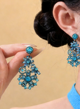 复古夸张蓝色镶钻花朵耳环个性夸张设计感长款耳坠轻奢气质耳饰女