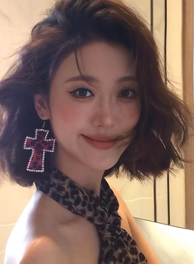 豹纹十字架耳环y2k千禧辣妹小众耳钉复古早ins日系朋克夸张耳饰女