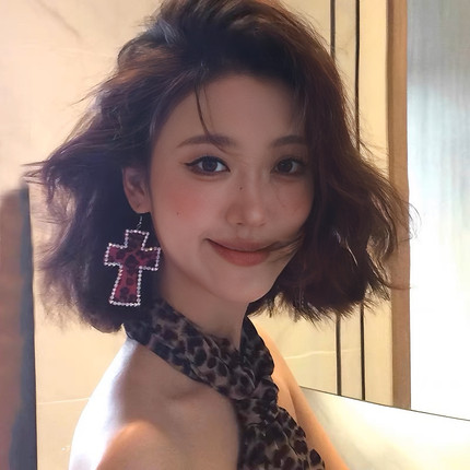豹纹十字架耳环y2k千禧辣妹小众耳钉复古早ins日系朋克夸张耳饰女