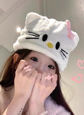 可爱卡通hellokitty毛绒帽子女秋冬季保暖护耳帽白色凯蒂猫包头帽