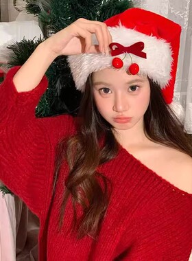 圣诞氛围感红色小樱桃圣诞帽女节日装扮头饰成人拍照道具毛绒帽子