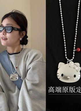 敲可爱!粉色小猫大吊坠项链女款长款圆珠颈链少女风百搭卫衣链
