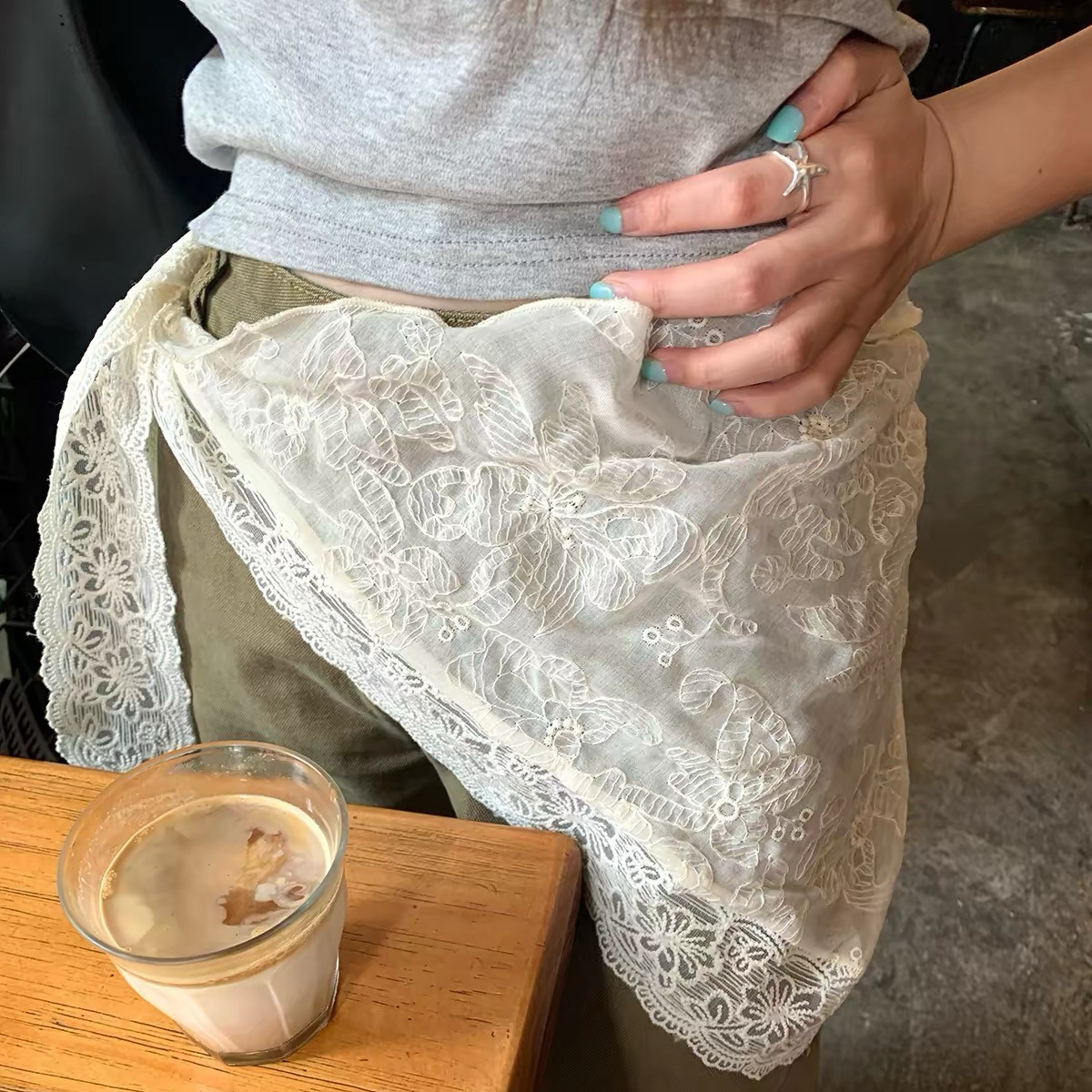 法式蕾丝三角巾叠穿田园风腰带裙帘甜美网纱腰巾屁帘两用头巾配饰