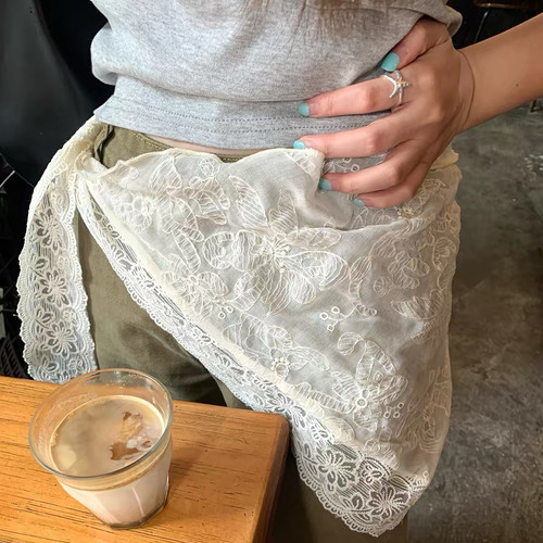 法式蕾丝三角巾叠穿田园风腰带裙帘甜美网纱腰巾屁帘两用头巾配饰