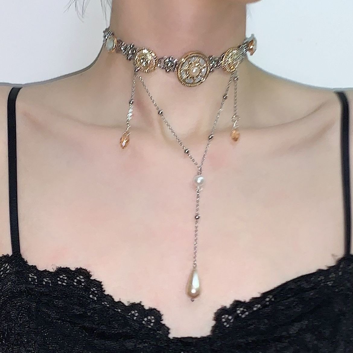 宫廷风轻奢高级感项链女雅典娜甜酷珍珠流苏双层辣妹风颈链配饰潮