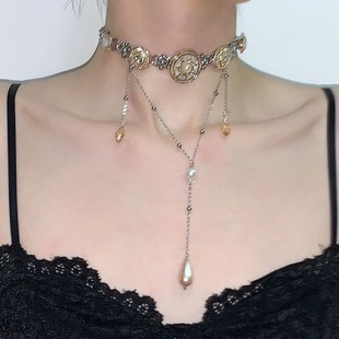 宫廷风轻奢高级感项链女雅典娜甜酷珍珠流苏双层辣妹风颈链配饰潮
