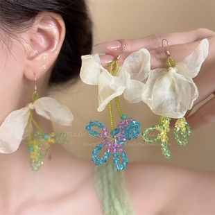 绿色海岛串珠花朵耳钉女2025新款爆款海边度假风耳环夸张配饰耳饰