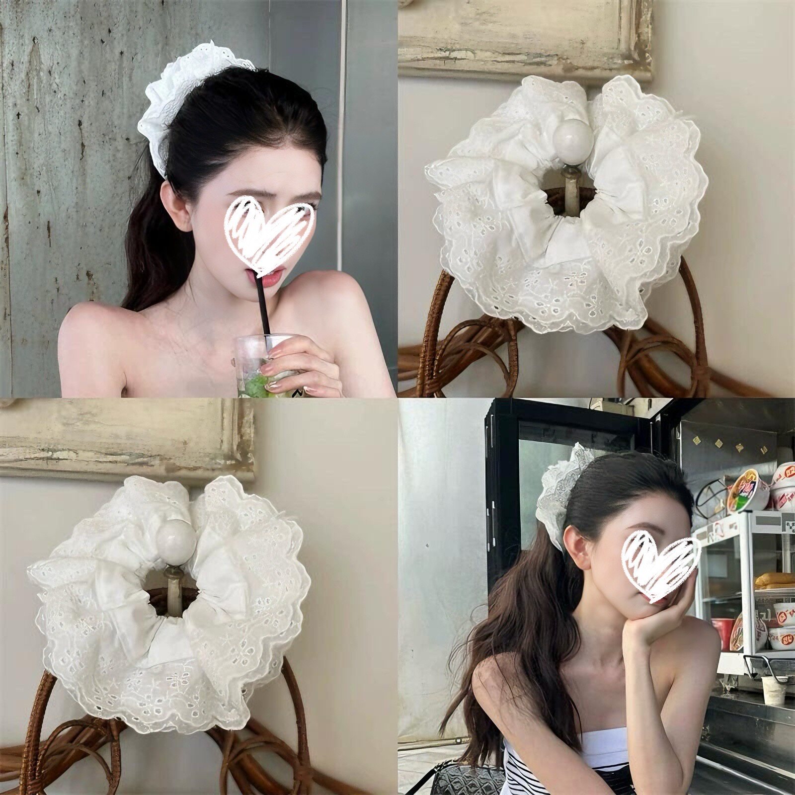四层蕾丝花边法式发圈女大号白色镂空洛丽塔大肠发绳丸子头发饰