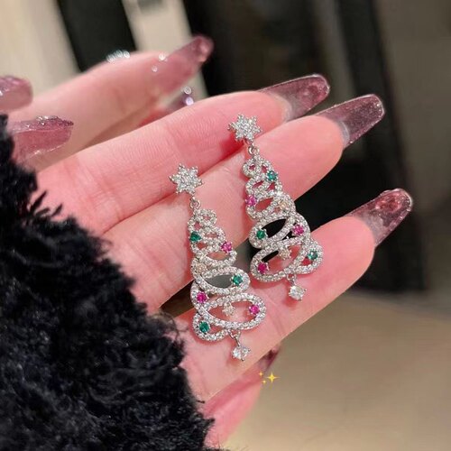 彩色锆石圣诞树耳钉女轻奢小众设计圣诞节精致少女耳饰品装扮耳环