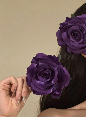 新中式超仙紫色玫瑰花发夹女度假风纯欲百合花鸭嘴夹花朵发饰头饰