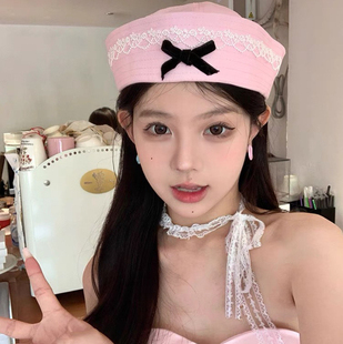 百搭贝雷帽女 可爱甜美可爱蝴蝶结水手帽翻檐帽海军风复古盆帽夏季