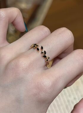 中古黑色枝叶戒指女轻奢高级感简约百搭食指戒小众设计老钱风指环