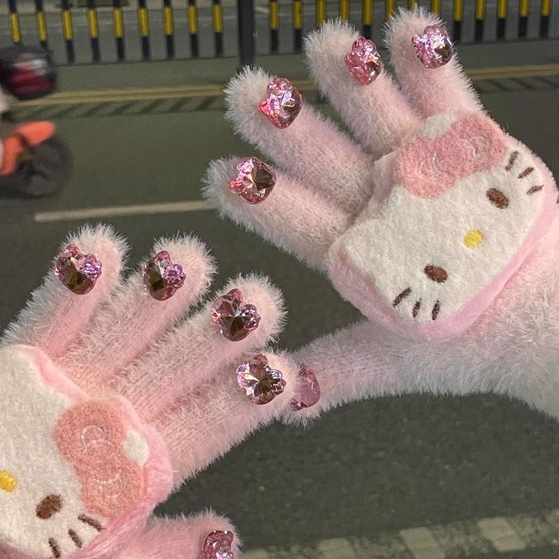 kt猫钻石毛线手套保暖冬防冻HelloKitty女防寒学生骑行骑车仿兔绒