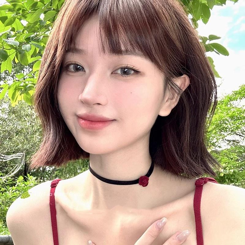 酒红色玫瑰氛围感锁骨链