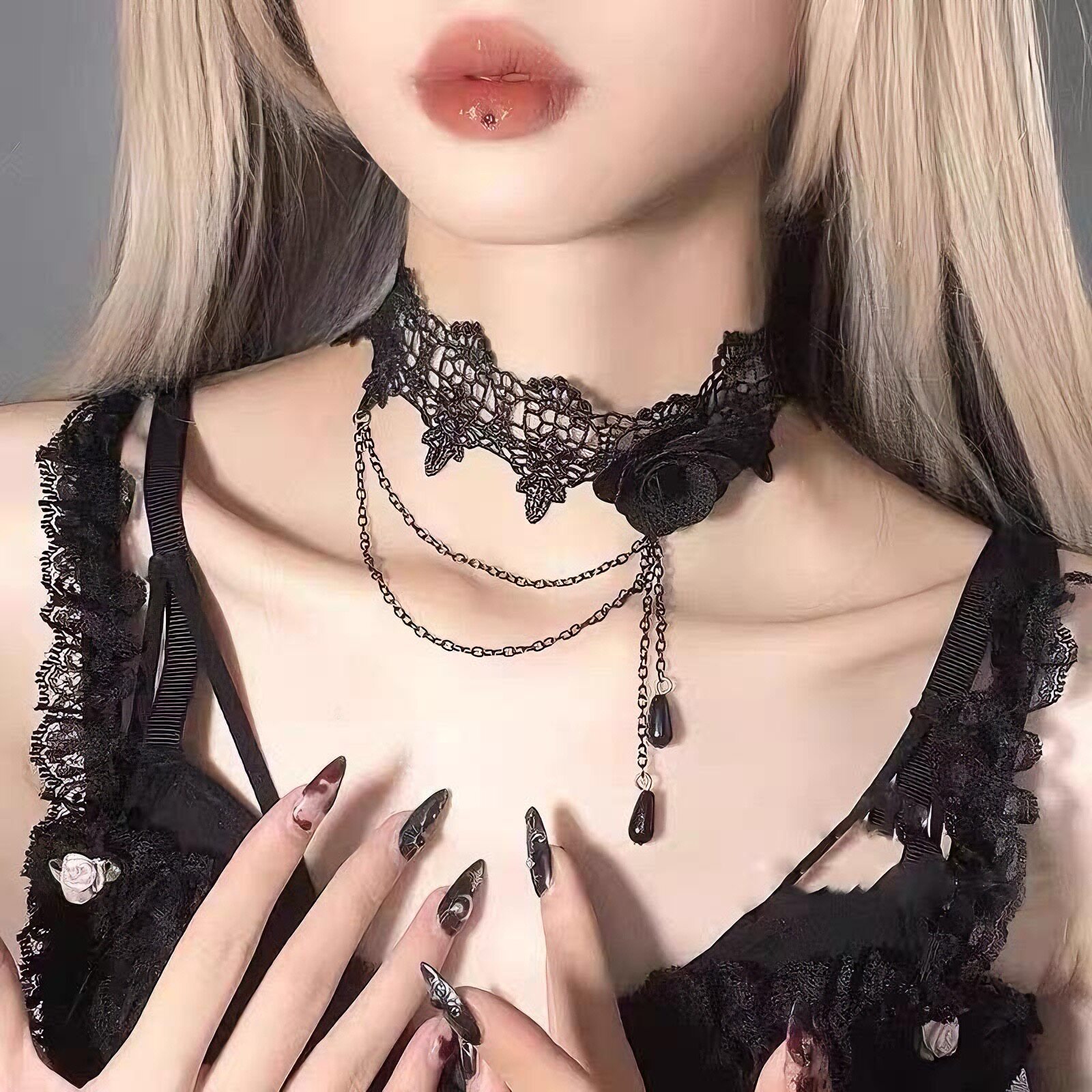 暗黑复古万圣节公主蕾丝花边流苏黑色洛丽塔颈链choker锁骨链项链