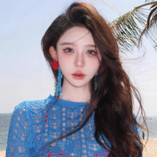 海边度假风蓝色编织花朵流苏耳环女港风仙气耳钉耳坠长款夸张耳饰