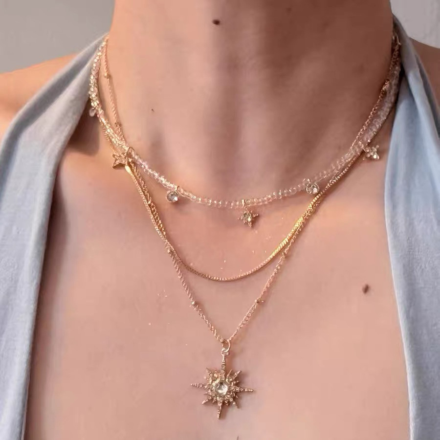 中古vintage金色闪钻太阳芒星多层项链复古辣妹高级感气质锁骨链