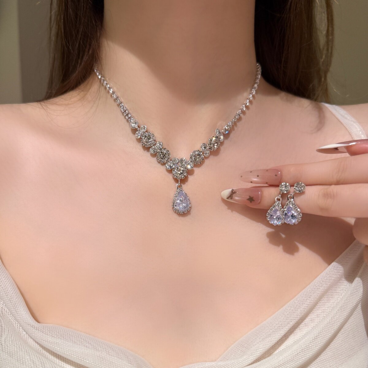 韩式新娘银色项链耳环套装女婚庆礼服搭配首饰高级感舞会礼服配饰