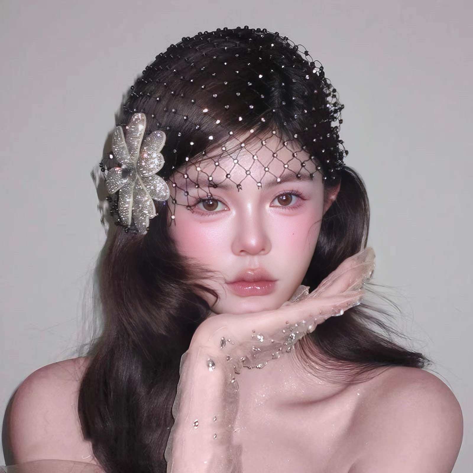 法式新娘结婚婚纱头饰十八岁生日复古暗黑闪钻花朵发饰帽子高级感