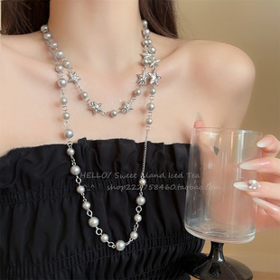 欧美个性ins风五角星珍珠链条长款项链女小众时尚气质叠戴锁骨链