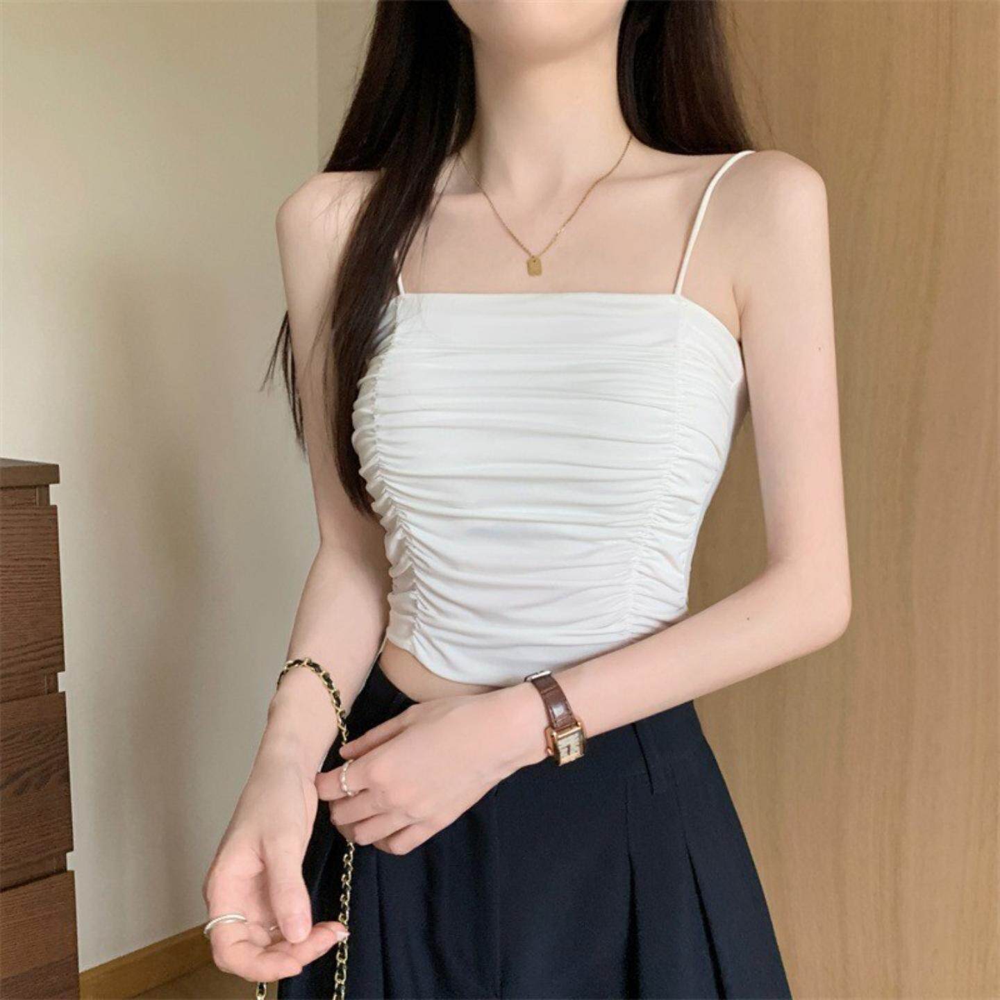 夏季冰丝美背吊带内衣女带胸垫一体式性感防走光辣妹短上衣抹胸