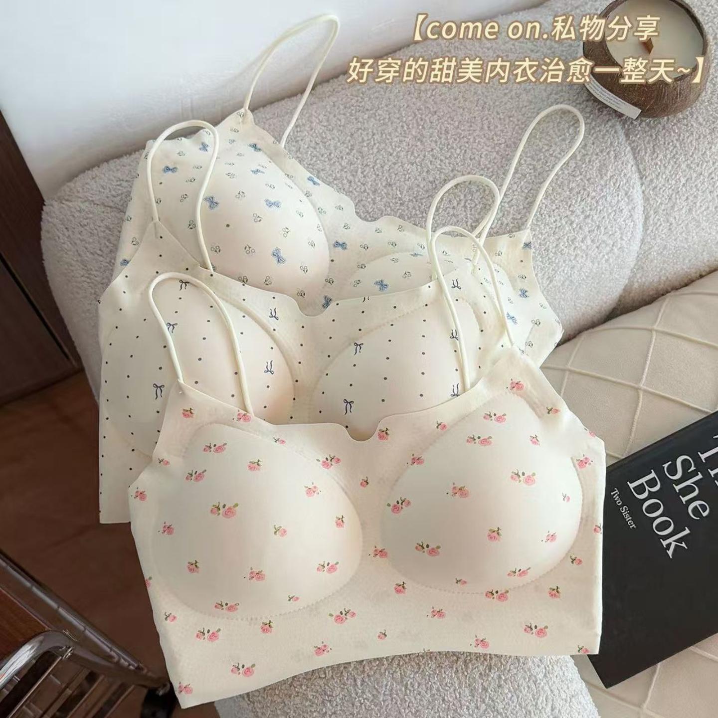新款碎花小胸聚拢内衣女抹胸细肩带固定杯吊带背心无痕文胸