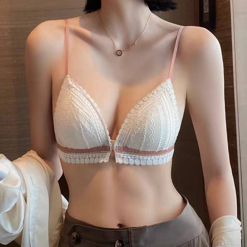 前扣美背内衣女夏季薄款小胸专属性感纯欲蕾丝法式三角杯文胸罩秋