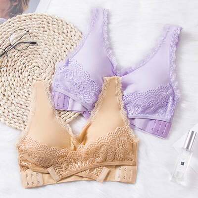 前交叉侧扣聚拢运动文胸大码无钢圈蕾丝边跑步瑜伽防震运动内衣女