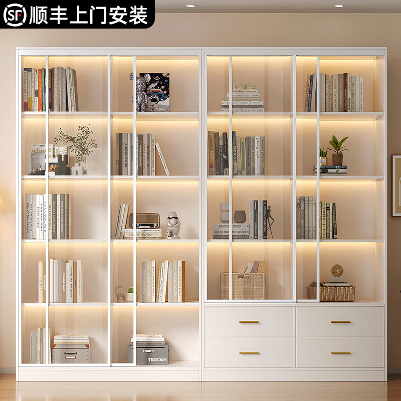 实木书柜推拉门落地玻璃门白色书架客厅展示柜定制书橱手办置物柜