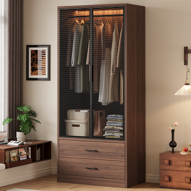 实木衣柜家用卧室收纳柜子玻璃门出租房用双门小户型定制单门衣橱